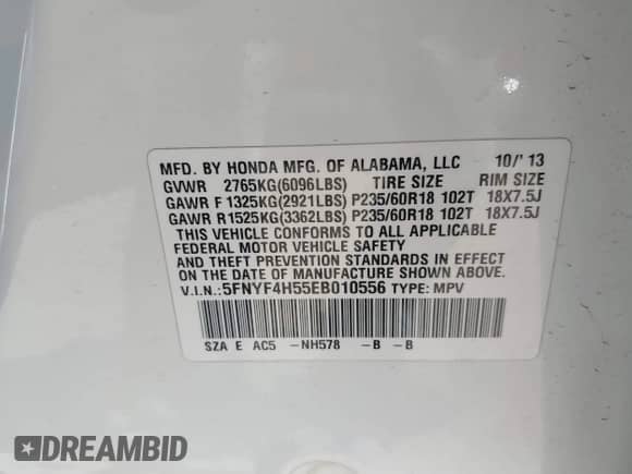 2014 Honda Pilot EX-L z VIN 5FNYF4H55EB010556, wystawiony jako IAAI lot #43027449 z przebiegiem 114 365 mil mil oraz . Historia ofert i sprzedaży dostępna na DreamBid. Obrazek 9.