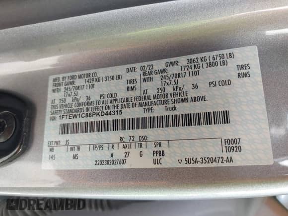 2023 Ford F-150 XL с VIN 1FTEW1C88PKD44315, выставлен на аукционе IAAI как лот 42950806 с пробегом Не указан миль и . История ставок и продаж доступна на DreamBid. Изображение 9.