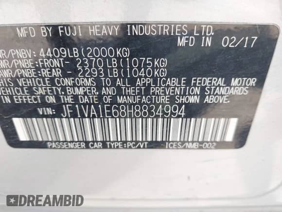 2017 Subaru WRX Premium z VIN JF1VA1E68H8834994, wystawiony jako IAAI lot #42418866 z przebiegiem 103 507 mil mil oraz . Historia ofert i sprzedaży dostępna na DreamBid. Obrazek 9.