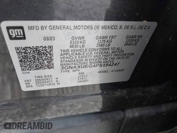 2023 Chevrolet Equinox LT с VIN 3GNAXUEG4PS194247, выставлен на аукционе IAAI как лот 43012385 с пробегом Не указан миль и . История ставок и продаж доступна на DreamBid. Изображение 9.