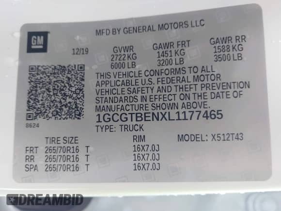 2020 Chevrolet Colorado 4WD Work Truck with VIN 1GCGTBENXL1177465, listed as a IAAI auction lot 42894300 with 178,315 mi miles and . Bid and sale history available at DreamBid. Image 9.