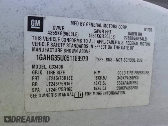 2005 Chevrolet Express Passenger с VIN 1GAHG35U051189979, выставлен на аукционе IAAI как лот 42984657 с пробегом 164 983 миль миль и . История ставок и продаж доступна на DreamBid. Изображение 9.