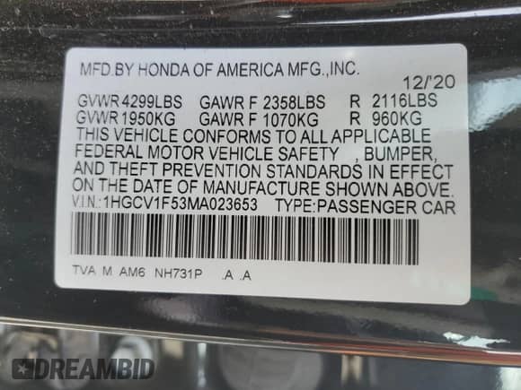 2021 Honda Accord EX-L с VIN 1HGCV1F53MA023653, выставлен на аукционе Copart как лот 84415445 с пробегом 58 811 миль миль и Списание • Salvage title. История ставок и продаж доступна на DreamBid. Изображение 13.