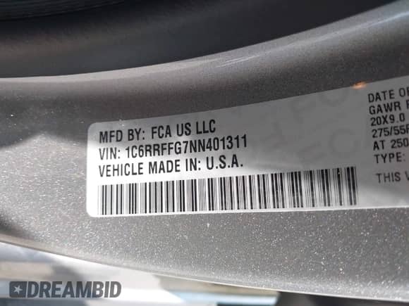 2022 Ram 1500 Big Horn z VIN 1C6RRFFG7NN401311, wystawiony jako IAAI lot #42803692 z przebiegiem 72 150 mil mil oraz . Historia ofert i sprzedaży dostępna na DreamBid. Obrazek 9.