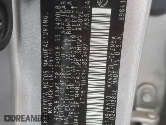 2019 Toyota Camry SE z VIN 4T1B11HK1KU853497, wystawiony jako Copart lot #82010015 z przebiegiem 101 804 mil mil oraz Szkoda całkowita • Salvage title. Historia ofert i sprzedaży dostępna na DreamBid. Obrazek 12.