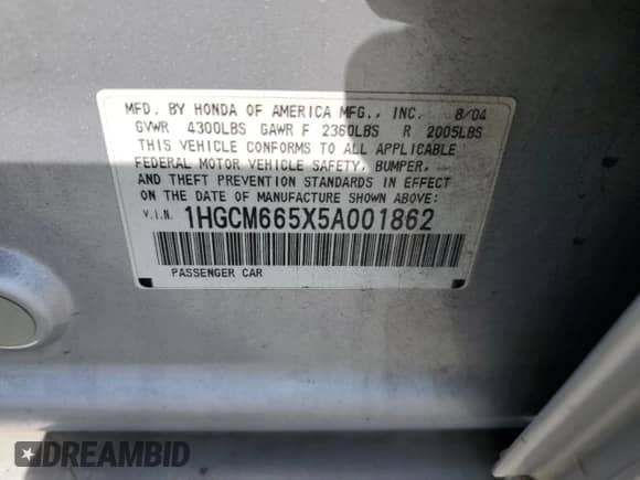 2005 Honda Accord EX-L с VIN 1HGCM665X5A001862, выставлен на аукционе Copart как лот 72028415 с пробегом 113 370 миль миль и Списание • Salvage title. История ставок и продаж доступна на DreamBid. Изображение 12.