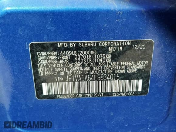 2020 Subaru WRX with VIN JF1VA1A64L9834015, listed as a Copart auction lot 80121085 with 45,796 mi miles and Salvage title. Bid and sale history available at DreamBid. Image 13.