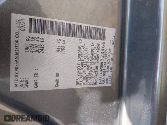 2024 Nissan Altima SV with VIN 1N4BL4DV0RN323466, listed as a IAAI auction lot 43497356 with 56,932 mi miles and . Bid and sale history available at DreamBid. Image 9.