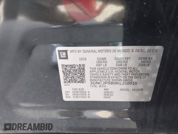 2019 Chevrolet Trax LT с VIN 3GNCJPSB0KL210015, выставлен на аукционе IAAI как лот 42901467 с пробегом 79 518 миль миль и . История ставок и продаж доступна на DreamBid. Изображение 9.
