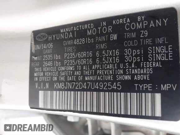 2007 Hyundai Tucson SE z VIN KM8JN72D47U492545, wystawiony jako IAAI lot #41727816 z przebiegiem 203 065 mil mil oraz . Historia ofert i sprzedaży dostępna na DreamBid. Obrazek 9.