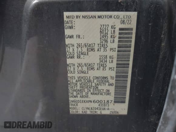 2023 Nissan Frontier SV with VIN 1N6ED1EKXPN600187, listed as a IAAI auction lot 42755013 with 13,173 mi miles and . Bid and sale history available at DreamBid. Image 9.
