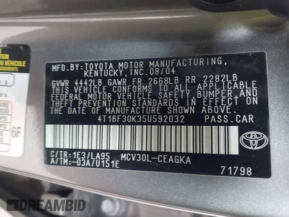2005 Toyota Camry LE с VIN 4T1BF30K35U592032, выставлен на аукционе IAAI как лот 41372771 с пробегом 222 846 миль миль и . История ставок и продаж доступна на DreamBid. Изображение 9.