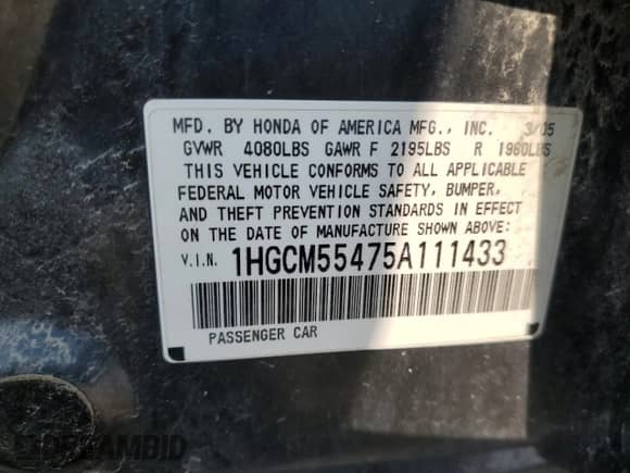 2005 Honda Accord LX с VIN 1HGCM55475A111433, выставлен на аукционе Copart как лот 67368635 с пробегом 198 408 миль миль и Списание • Salvage title. История ставок и продаж доступна на DreamBid. Изображение 12.