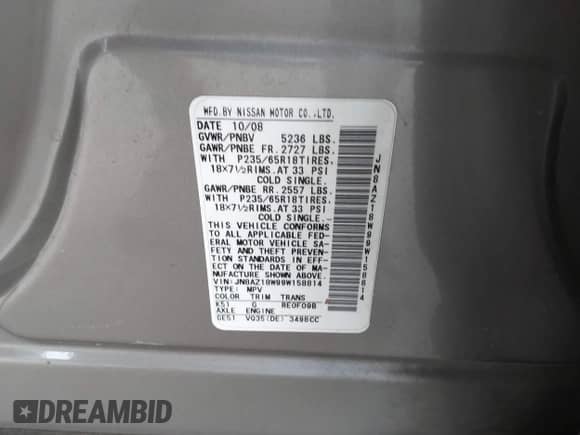 2009 Nissan Murano S with VIN JN8AZ18W99W158814, listed as a IAAI auction lot 42606819 with 99,706 mi miles and . Bid and sale history available at DreamBid. Image 9.