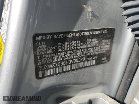 2017 BMW X3 sDrive28i with VIN 5UXWZ7C38H0V90330, listed as a Copart auction lot 84949825 with 121,913 mi miles and Clean title. Bid and sale history available at DreamBid. Image 13.