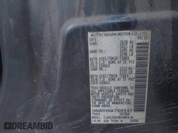 2016 Nissan Frontier SV with VIN 1N6AD0FV0GN760547, listed as a IAAI auction lot 43182786 with 81,354 mi miles and . Bid and sale history available at DreamBid. Image 9.