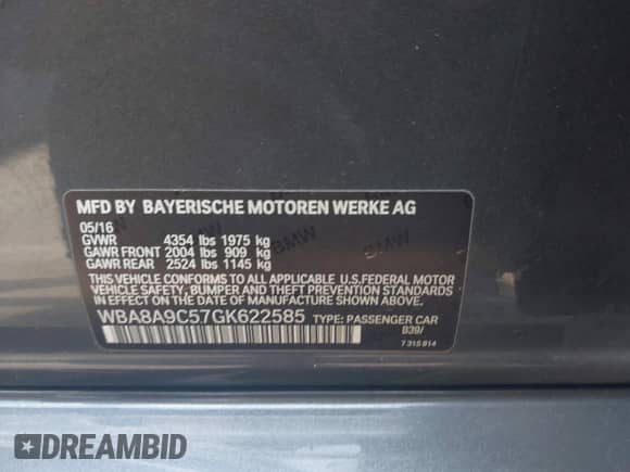 2016 BMW 3 Series 320i with VIN WBA8A9C57GK622585, listed as a IAAI auction lot 42681485 with 129,285 mi miles and . Bid and sale history available at DreamBid. Image 9.