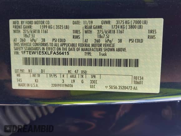 2020 Ford F-150 XLT z VIN 1FTEW1E5XLFA56415, wystawiony jako IAAI lot #42654051 z przebiegiem 128 758 mil mil oraz . Historia ofert i sprzedaży dostępna na DreamBid. Obrazek 9.