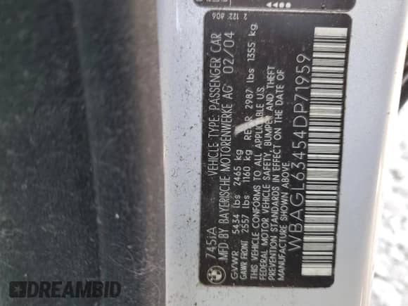 2004 BMW 7 Series 745i с VIN WBAGL63454DP71959, выставлен на аукционе Copart как лот 78001354 с пробегом Не указан миль и Списание • Salvage title. История ставок и продаж доступна на DreamBid. Изображение 15.