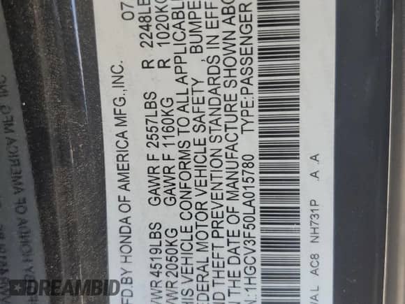 2020 Honda Accord EX-L with VIN 1HGCV3F50LA015780, listed as a Copart auction lot 62275405 with 121,950 mi miles and Salvage title. Bid and sale history available at DreamBid. Image 13.