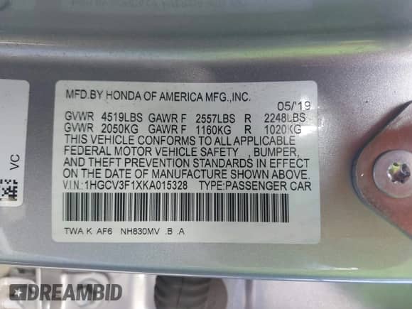 2019 Honda Accord with VIN 1HGCV3F1XKA015328, listed as a IAAI auction lot 42202036 with 133,794 mi miles and . Bid and sale history available at DreamBid. Image 9.