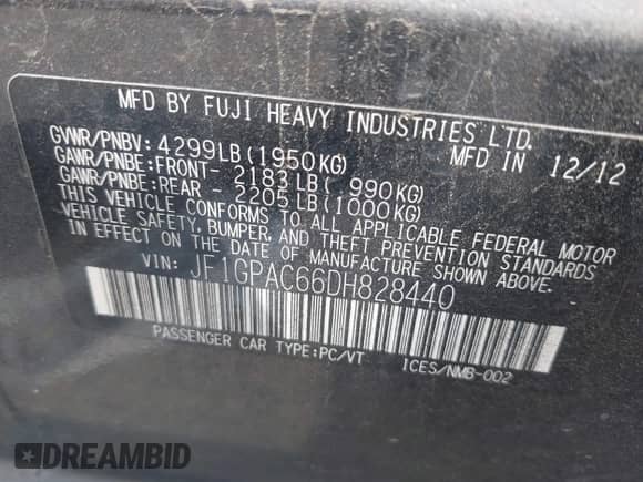 2013 Subaru Impreza Premium with VIN JF1GPAC66DH828440, listed as a IAAI auction lot 42974874 with 133,142 mi miles and . Bid and sale history available at DreamBid. Image 9.