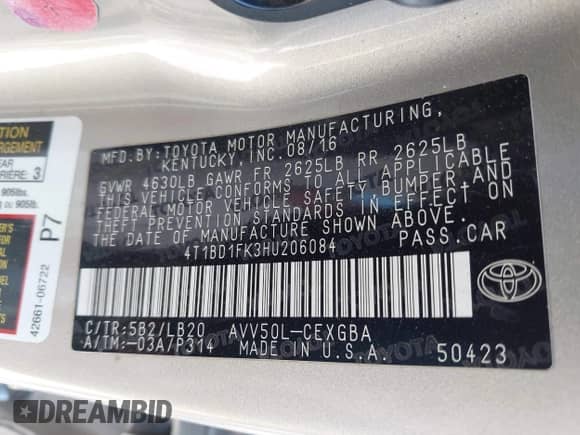 2017 Toyota Camry Hybrid LE с VIN 4T1BD1FK3HU206084, выставлен на аукционе IAAI как лот 42881431 с пробегом 96 153 миль миль и . История ставок и продаж доступна на DreamBid. Изображение 9.