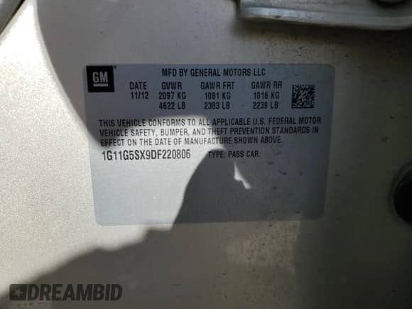 2013 Chevrolet Malibu LT с VIN 1G11G5SX9DF220806, выставлен на аукционе Copart как лот 62150155 с пробегом 105 531 миль миль и Списание • Salvage title. История ставок и продаж доступна на DreamBid. Изображение 13.