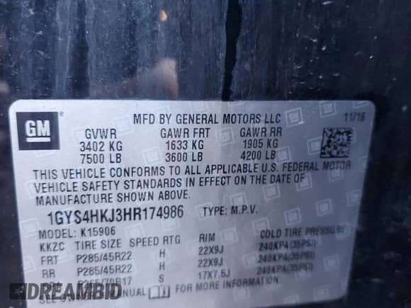 2017 Cadillac Escalade ESV Luxury с VIN 1GYS4HKJ3HR174986, выставлен на аукционе Copart как лот 81282555 с пробегом 278 515 миль миль и Чистый • Clean title. История ставок и продаж доступна на DreamBid. Изображение 13.