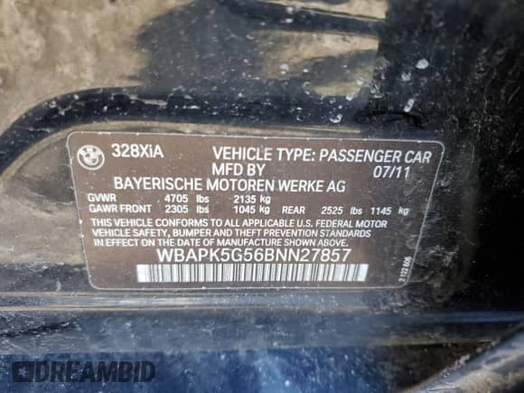 2011 BMW 3 Series 328i xDrive with VIN WBAPK5G56BNN27857, listed as a Copart auction lot 45420805 with 140,841 mi miles and Clean title. Bid and sale history available at DreamBid. Image 12.