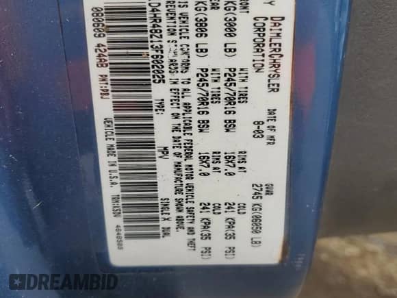 2003 Dodge Durango SLT with VIN 1D4HR48Z13F602025, listed as a Copart auction lot 58803795 with 152,502 mi miles and Salvage title. Bid and sale history available at DreamBid. Image 13.
