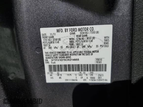 2012 Ford F-150 XLT с VIN 1FTFX1EF5CKD14955, выставлен на аукционе Copart как лот 83759455 с пробегом 54 661 миль миль и Списание • Salvage title. История ставок и продаж доступна на DreamBid. Изображение 12.