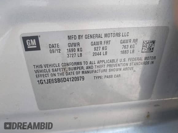2013 Chevrolet Sonic LTZ with VIN 1G1JE6SB6D4120979, listed as a IAAI auction lot 43062725 with 51,074 mi miles and . Bid and sale history available at DreamBid. Image 9.