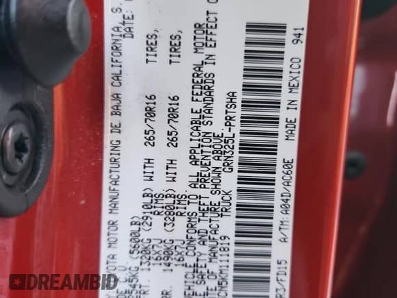 2019 Toyota Tacoma SR5 with VIN 3TMAZ5CN5KM111819, listed as a Copart auction lot 81325625 with 52,300 mi miles and Salvage title. Bid and sale history available at DreamBid. Image 12.
