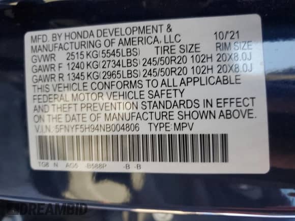 2022 Honda Pilot Touring 8-Passenger с VIN 5FNYF5H94NB004806, выставлен на аукционе Copart как лот 75065064 с пробегом 61 561 миль миль и Списание • Salvage title. История ставок и продаж доступна на DreamBid. Изображение 13.