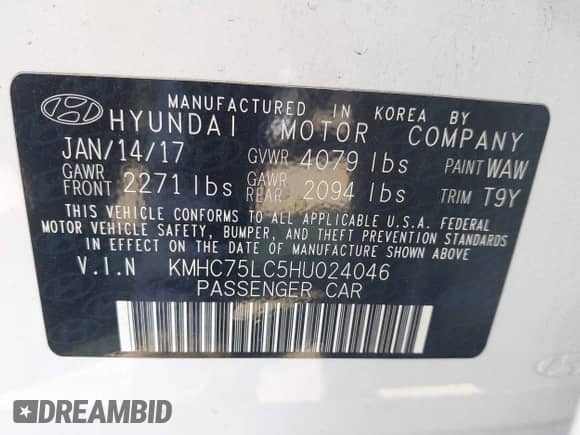 2017 Hyundai Ioniq SEL with VIN KMHC75LC5HU024046, listed as a IAAI auction lot 43331393 with 150,210 mi miles and . Bid and sale history available at DreamBid. Image 9.