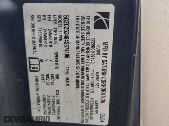 2004 Saturn VUE V6 with VIN 5GZCZ53464S874196, listed as a Copart auction lot 74977724 with 161,787 mi miles and Salvage title. Bid and sale history available at DreamBid. Image 13.