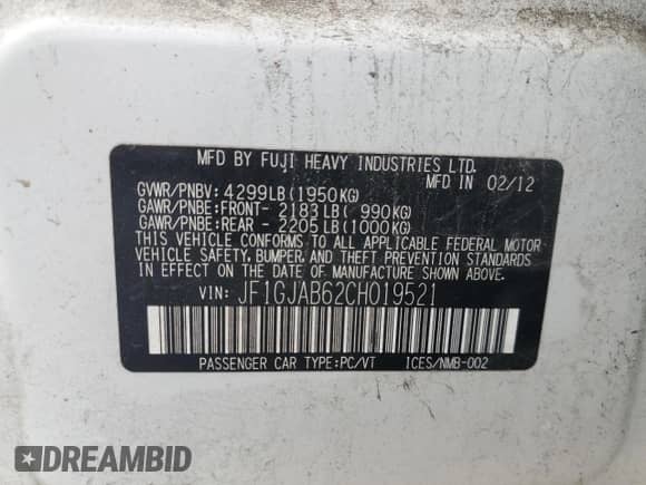 2012 Subaru Impreza Premium z VIN JF1GJAB62CH019521, wystawiony jako Copart lot #53302755 z przebiegiem 147 573 mil mil oraz Szkoda całkowita • Salvage title. Historia ofert i sprzedaży dostępna na DreamBid. Obrazek 12.