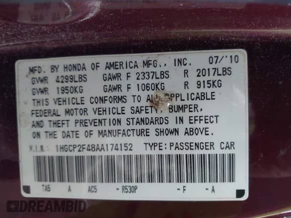 2010 Honda Accord LX-P с VIN 1HGCP2F48AA174152, выставлен на аукционе IAAI как лот 43391881 с пробегом 224 469 миль миль и . История ставок и продаж доступна на DreamBid. Изображение 9.