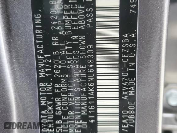 2022 Toyota Camry SE with VIN 4T1G11AK6NU648309, listed as a Copart auction lot 85360015 with 32,188 mi miles and Salvage title. Bid and sale history available at DreamBid. Image 13.