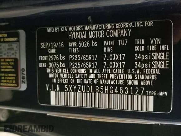 2017 Hyundai Santa Fe 2.4L z VIN 5XYZUDLB5HG463127, wystawiony jako Copart lot #61585855 z przebiegiem 110 596 mil mil oraz Szkoda całkowita • Salvage title. Historia ofert i sprzedaży dostępna na DreamBid. Obrazek 14.