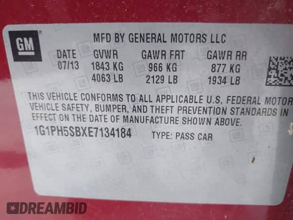 2014 Chevrolet Cruze ECO with VIN 1G1PH5SBXE7134184, listed as a IAAI auction lot 43458290 with 106,241 mi miles and . Bid and sale history available at DreamBid. Image 9.