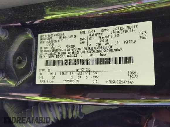 2019 Ford F-150 XL with VIN 1FTEW1E56KFB47003, listed as a IAAI auction lot 42576567 with 149,835 mi miles and . Bid and sale history available at DreamBid. Image 9.