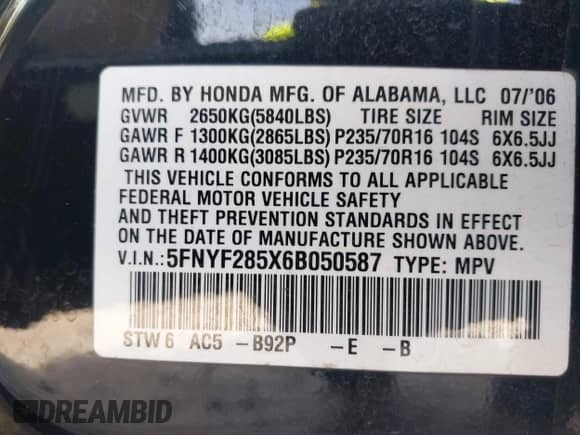 2006 Honda Pilot EX-L z VIN 5FNYF285X6B050587, wystawiony jako IAAI lot #43091658 z przebiegiem 248 942 mil mil oraz . Historia ofert i sprzedaży dostępna na DreamBid. Obrazek 9.