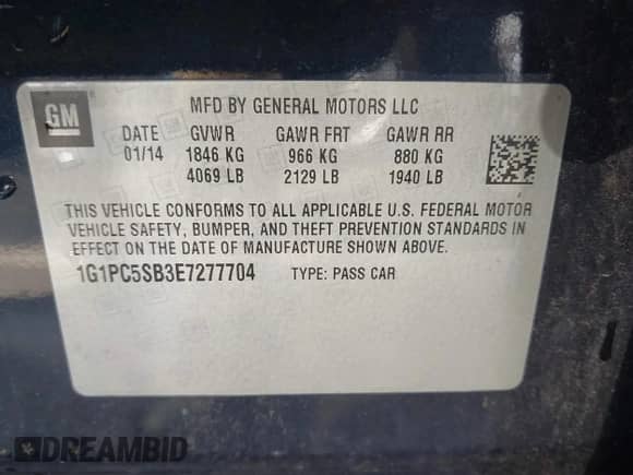 2014 Chevrolet Cruze 1LT с VIN 1G1PC5SB3E7277704, выставлен на аукционе IAAI как лот 43488280 с пробегом 109 034 миль миль и . История ставок и продаж доступна на DreamBid. Изображение 9.