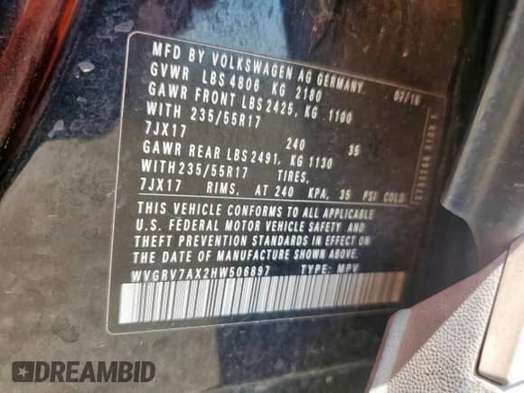 2017 Volkswagen Tiguan Wolfsburg Edition с VIN WVGRV7AX2HW506897, выставлен на аукционе Copart как лот 80051575 с пробегом 216 509 миль миль и Чистый • Clean title. История ставок и продаж доступна на DreamBid. Изображение 12.