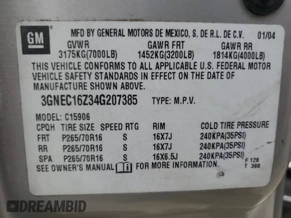 2004 Chevrolet Suburban LT с VIN 3GNEC16Z34G207385, выставлен на аукционе Copart как лот 67261775 с пробегом Не указан миль и Списание • Salvage title. История ставок и продаж доступна на DreamBid. Изображение 13.