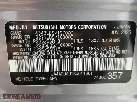 2025 Mitsubishi Outlander S z VIN JA4ARUAU1SU011601, wystawiony jako Copart lot #87111765 z przebiegiem 4 389 mil mil oraz Nie do naprawy • Non repairable. Historia ofert i sprzedaży dostępna na DreamBid. Obrazek 13.