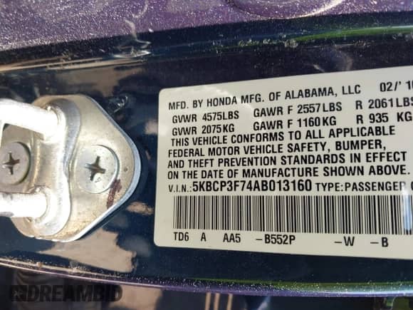 2010 Honda Accord EX z VIN 5KBCP3F74AB013160, wystawiony jako IAAI lot #43097801 z przebiegiem 174 550 mil mil oraz . Historia ofert i sprzedaży dostępna na DreamBid. Obrazek 9.