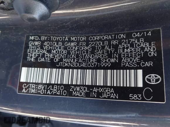 2014 Toyota Prius Three z VIN JTDKN3DU4E0371999, wystawiony jako IAAI lot #43441647 z przebiegiem 113 556 mil mil oraz . Historia ofert i sprzedaży dostępna na DreamBid. Obrazek 9.